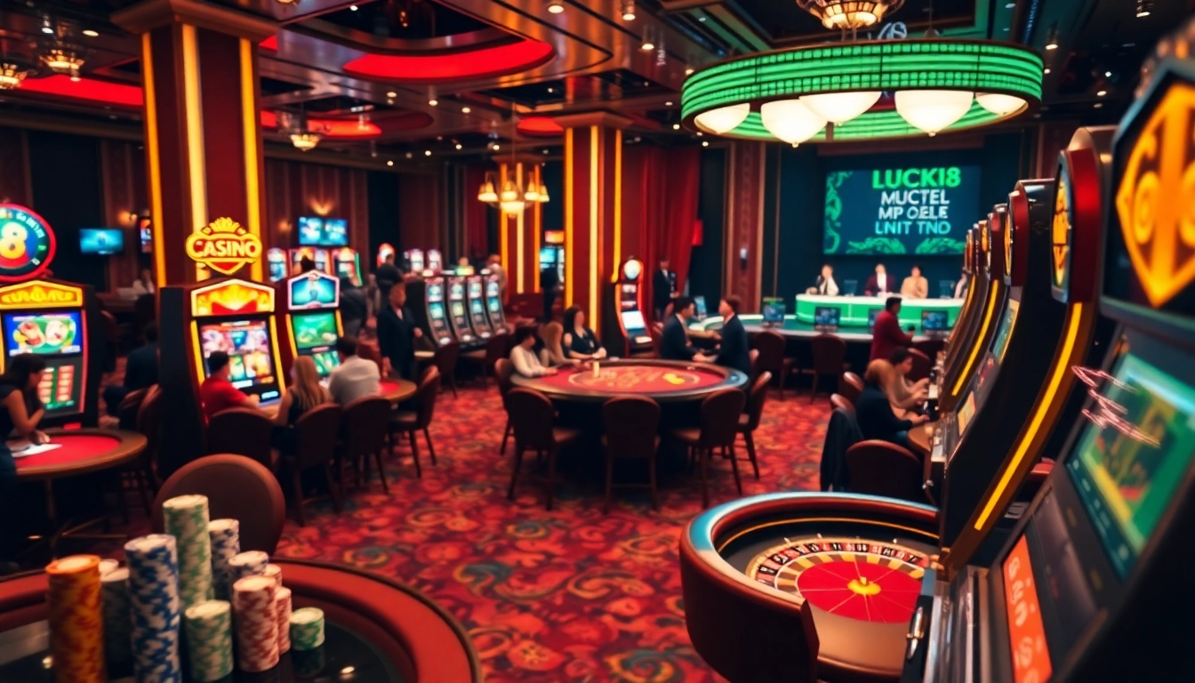 LUCK8 casino players engaging in lively games with colorful chips on illuminated tables.