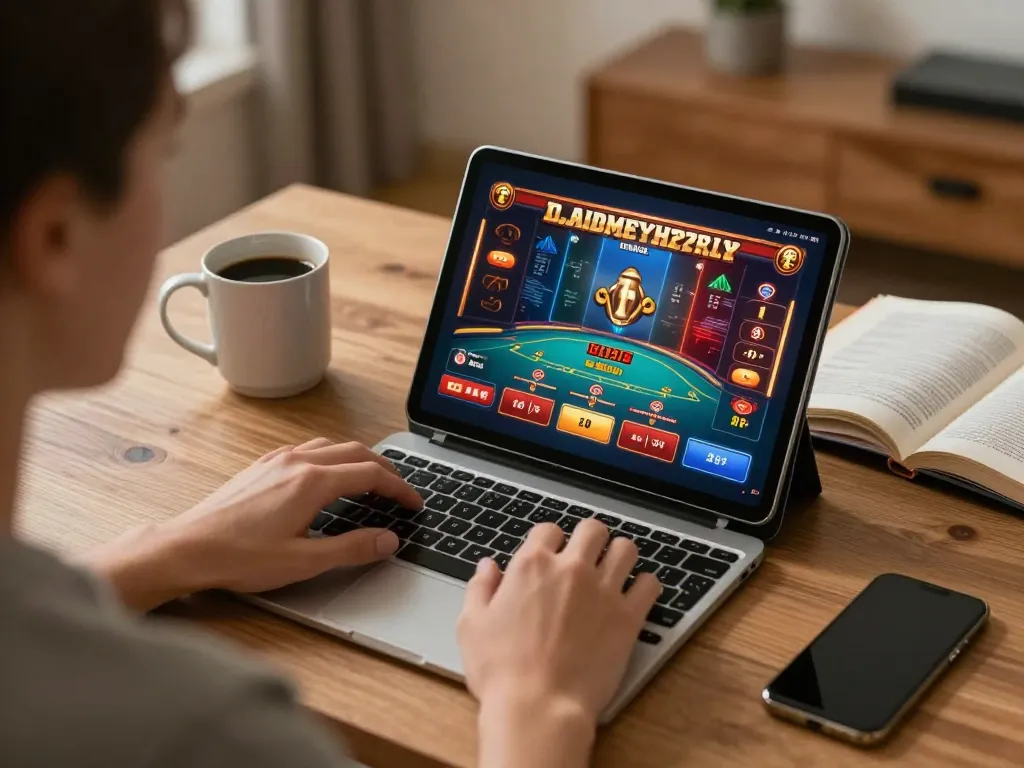 Player engaged with LV88 online games on tablet, showcasing strategic gameplay in cozy home office