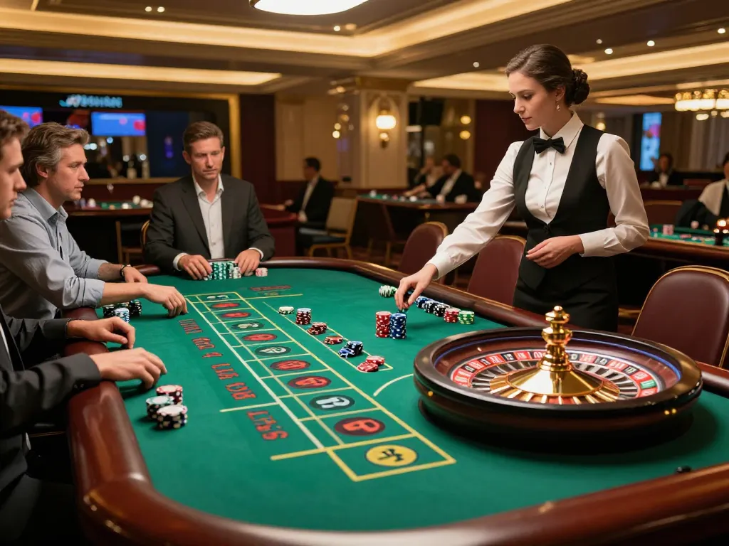 Experience thrilling gameplay at 99Win's lively roulette table in a luxurious casino setting.