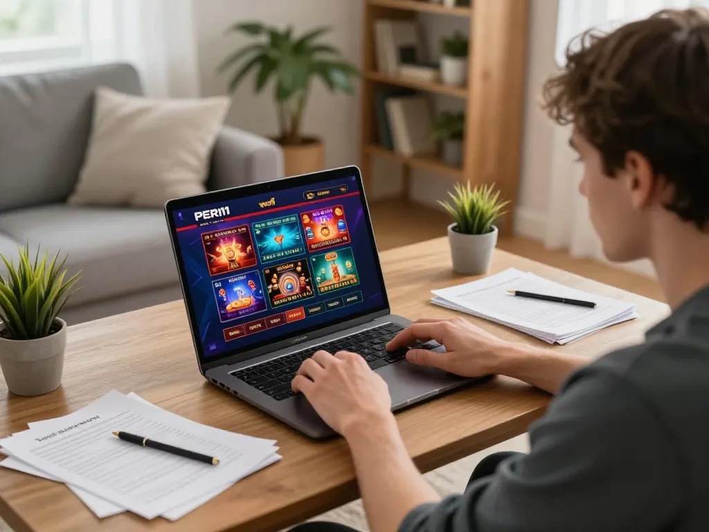 Engaging in online casino gameplay with PERI11 platform, showcasing a strategic gaming atmosphere in a cozy setting