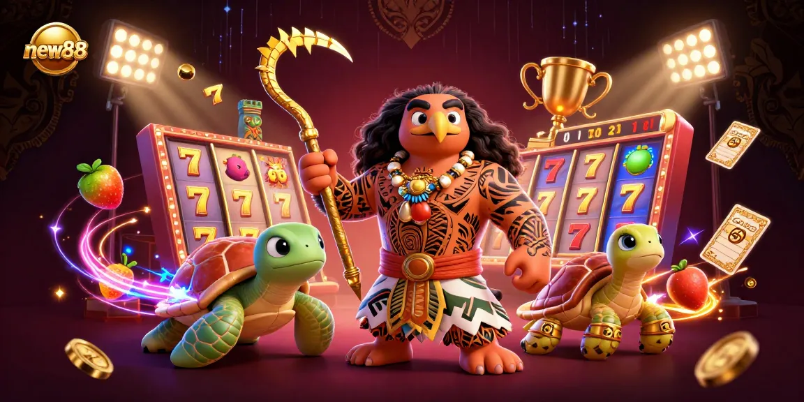 Experience winning at new88 with a thrilling 3D illustration featuring exciting slots and vibrant characters.