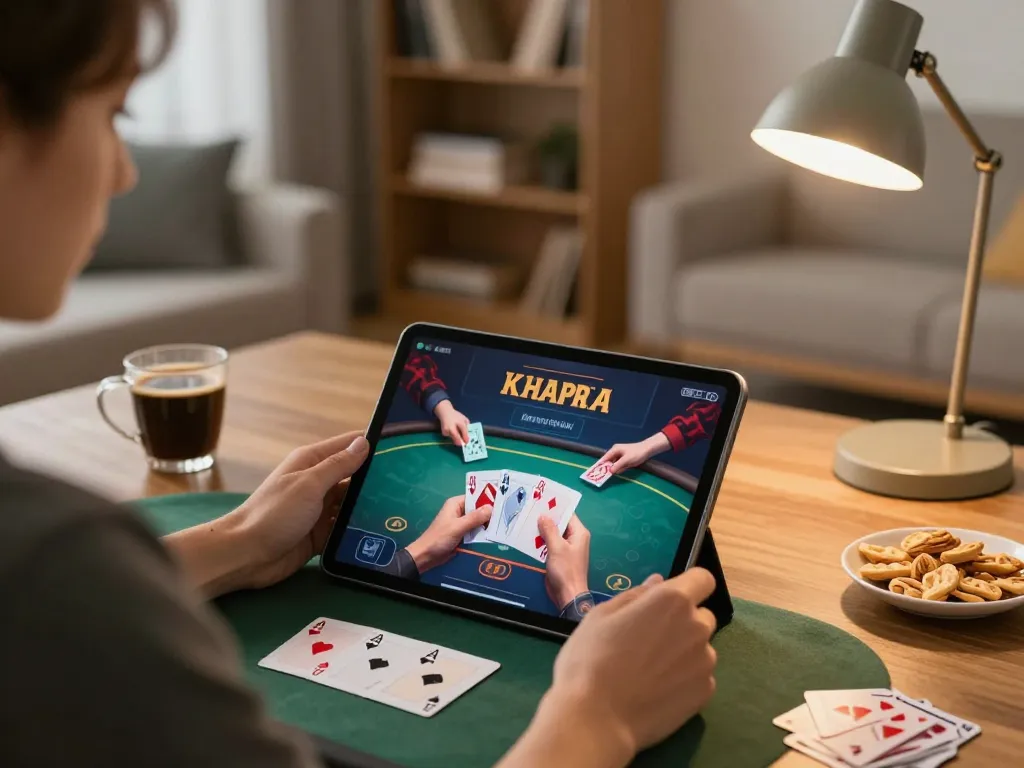 KADAL778 online poker game being played on a tablet in a stylish living room with ambient lighting.