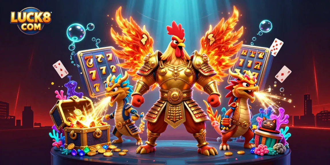 Experience winning at LUCK8 COM with powerful warriors and vibrant casino elements exploding around them.