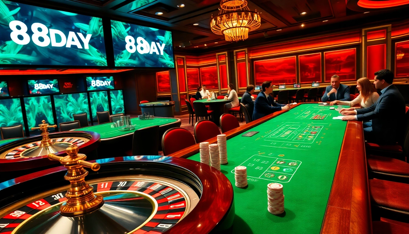 A lively casino scene featuring the 8DAY poker table with players engaged in a thrilling game.