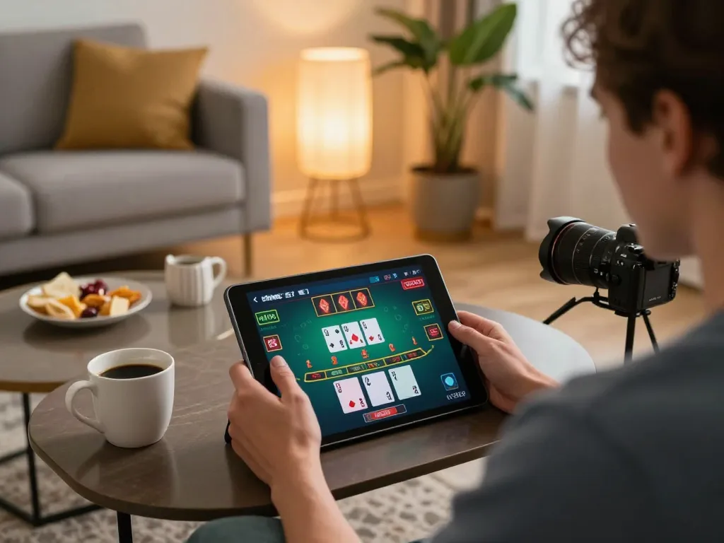 Engaging online gaming scenario with dohistory theme showcasing blackjack tablet gameplay at home, enhancing responsible gambling.