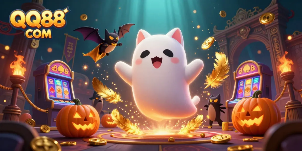 Engage with QQ88 COM in a vibrant haunted casino, where a ghost cat and a bat explore glowing slot machines.