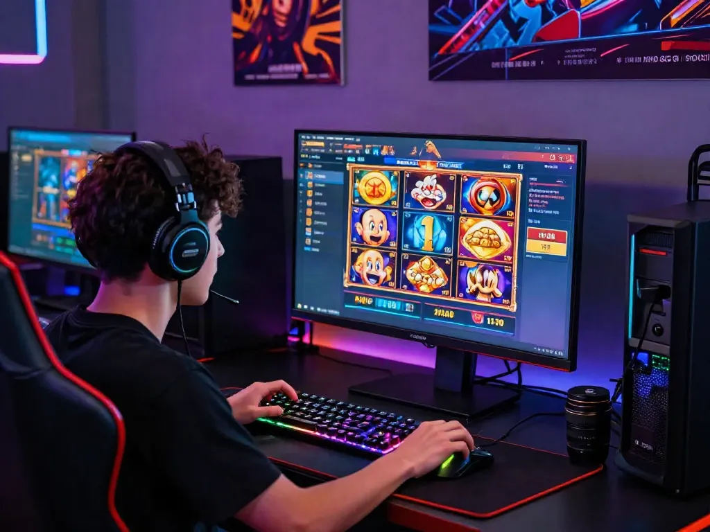 Exciting slot gacor maxwin gaming experience at a modern gaming desk with vibrant slot game visuals.