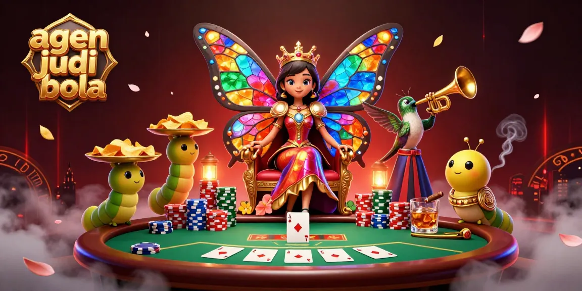 Place bets with agen judi bola and enjoy colorful poker elements in a vibrant casino scene.