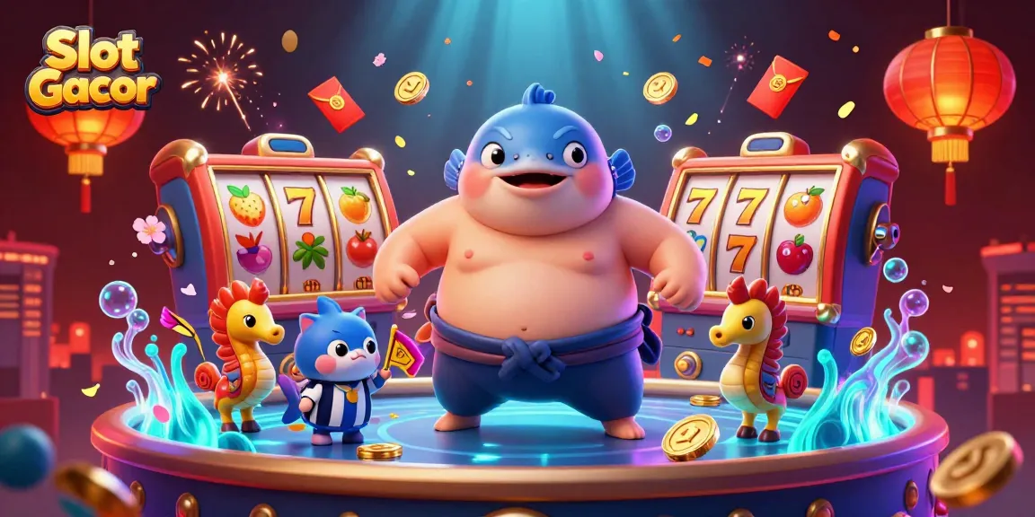 Rasakan aksi Slot Gacor dengan fugu dan ikan lele dalam suasana kasino bawah laut yang cerah.