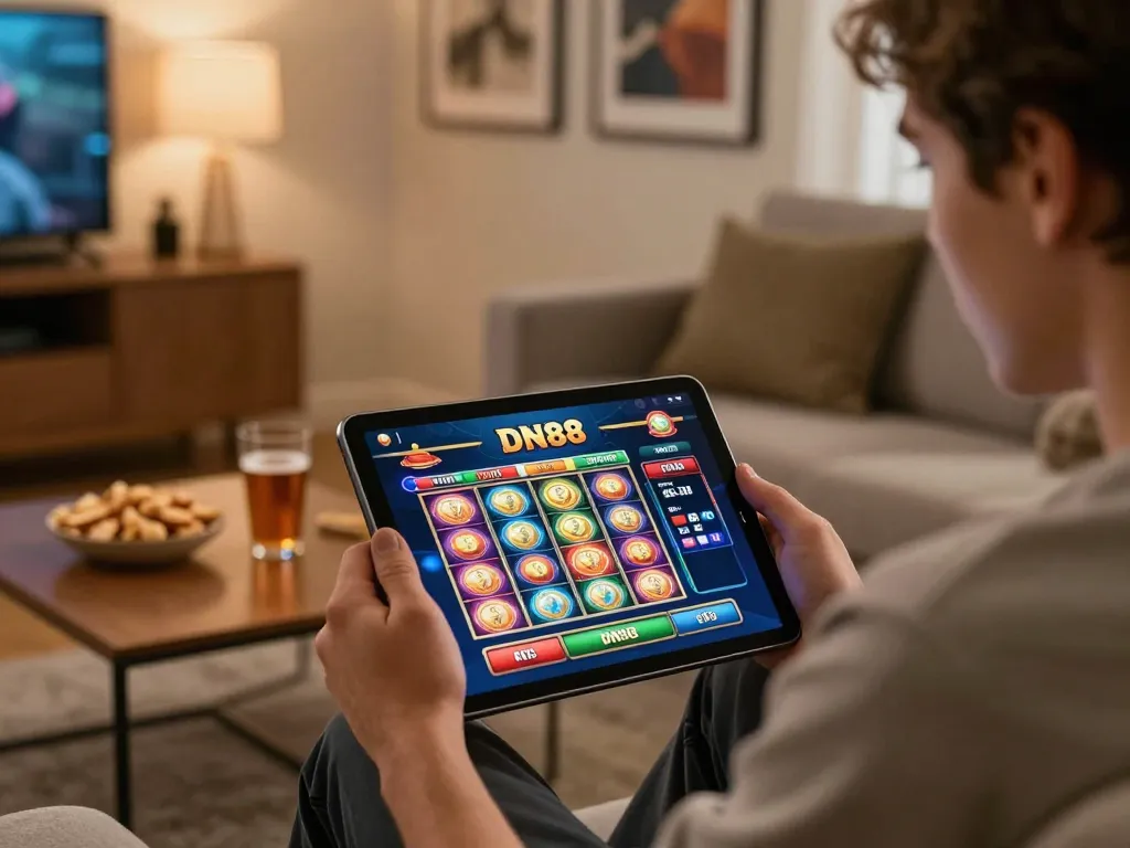 Engaging in dynamic slot gameplay on DN88 mobile platform in a cozy living room.