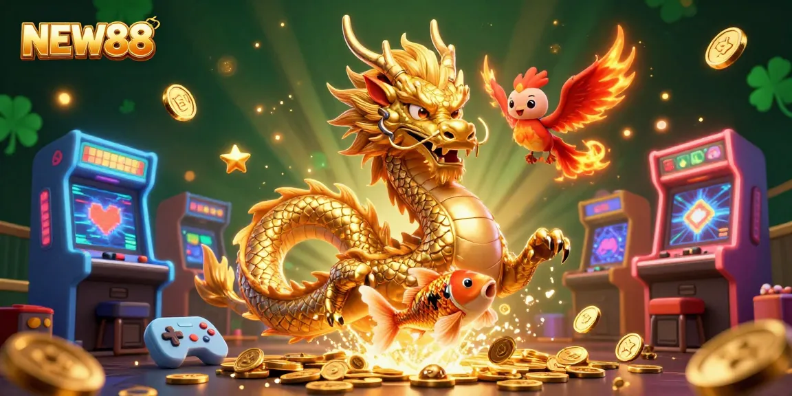 Experience the dynamic world of NEW88 with a captivating illustration of a golden dragon, phoenix, and koi fish amidst gaming excitement.