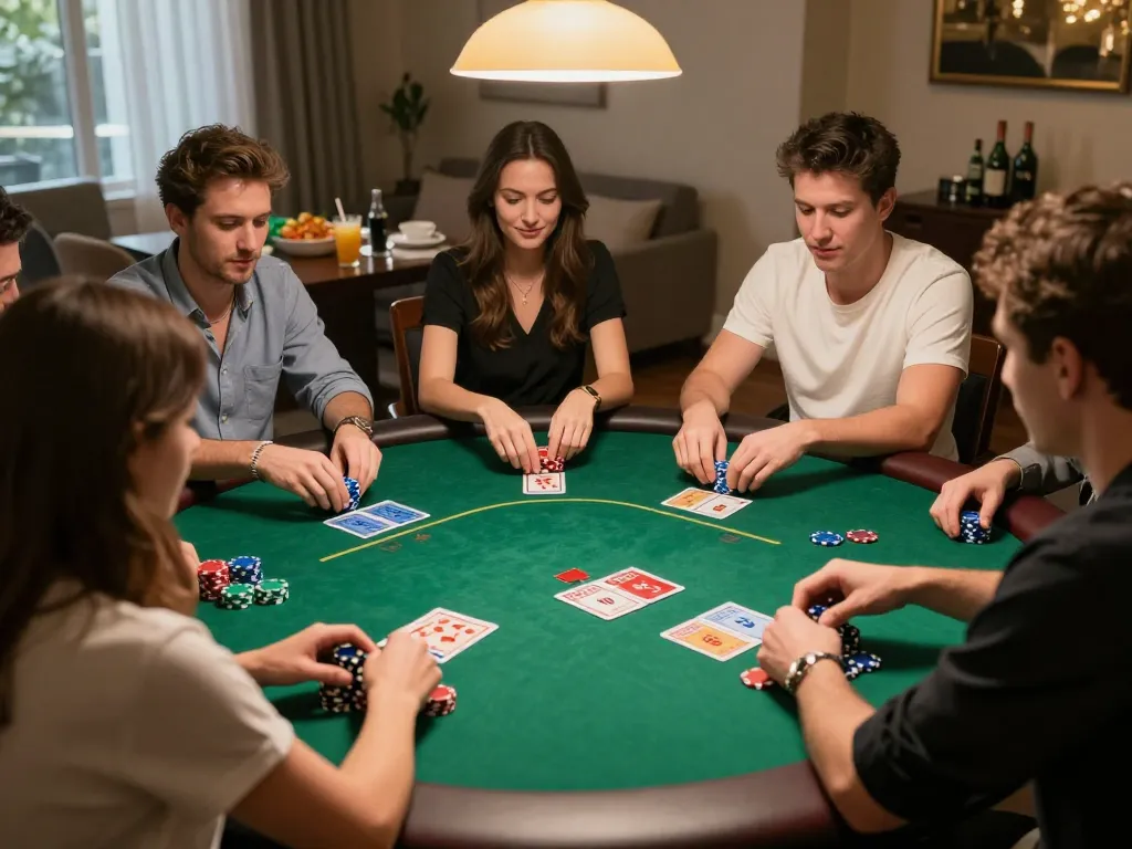 Players strategizing over a poker game at home, showcasing soc88 excitement in a friendly atmosphere.