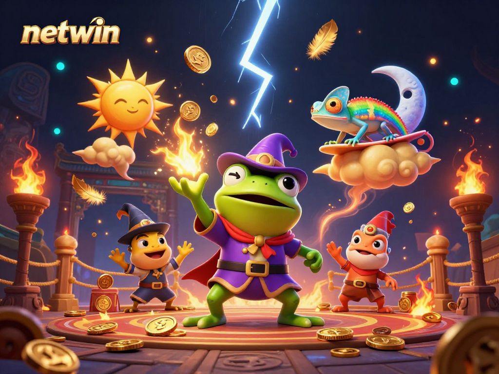 Experience the excitement of netwin with a wizard frog unleashing golden coins amidst a dazzling casino scene.