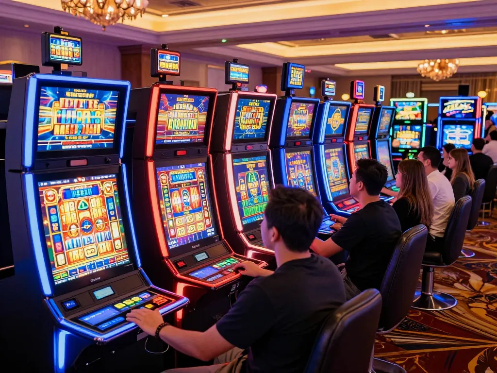 Players engaged in thrilling gameplay at link slot machines, vibrant neon lighting illuminating the casino floor.