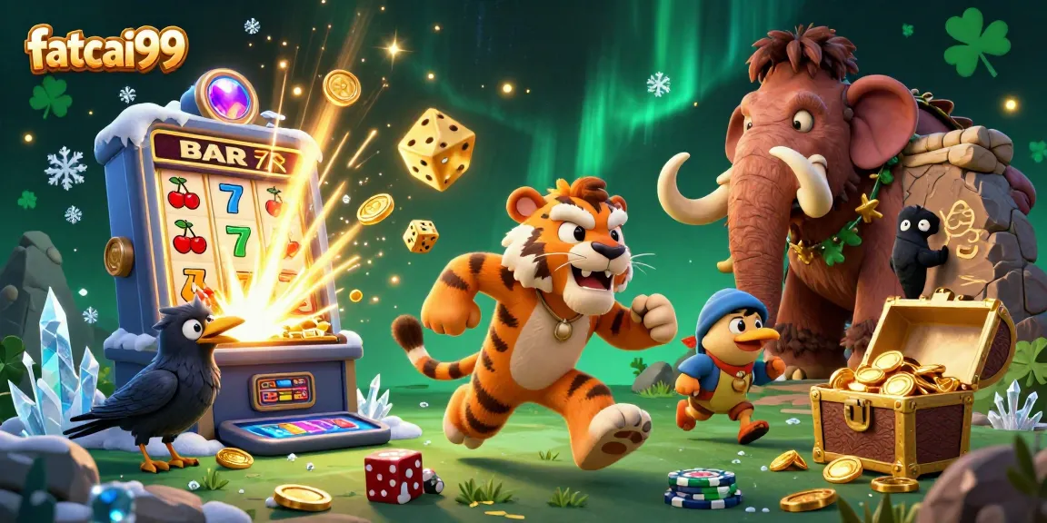 Join the excitement at fatcai99 as cavemen and a sabertooth tiger celebrate a casino win!