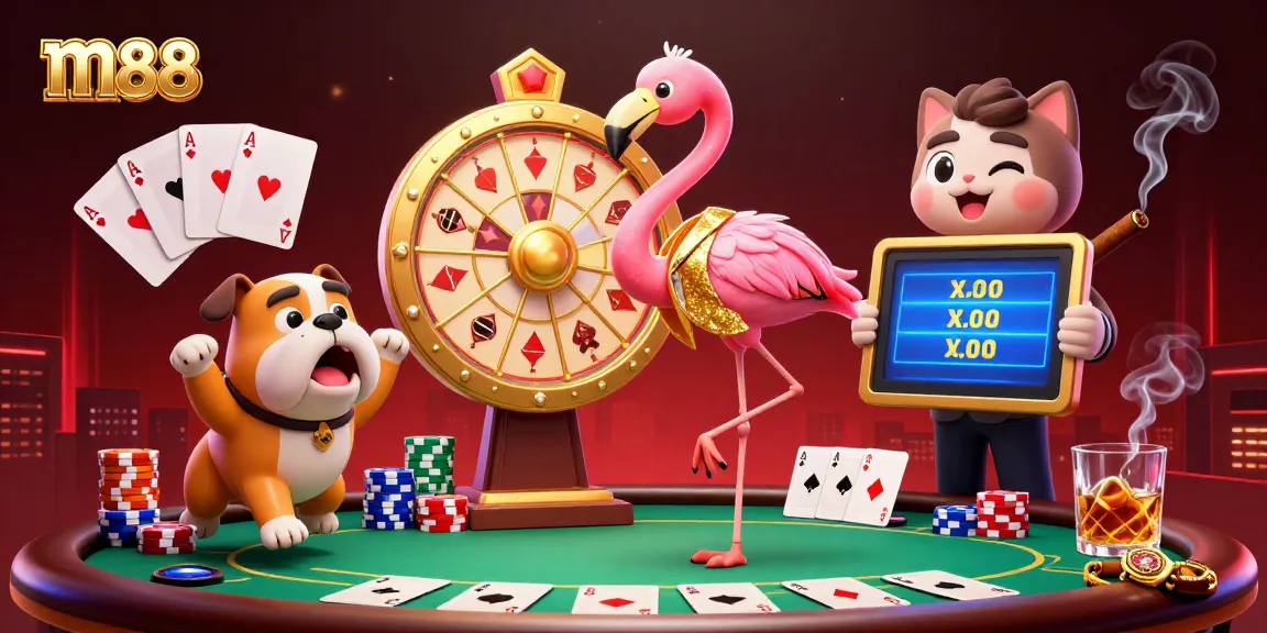 Terlibat dalam permainan m88 yang mendebarkan dengan adegan kartun cerah dari roda hadiah, chip poker, dan kontestan yang bersemangat.
