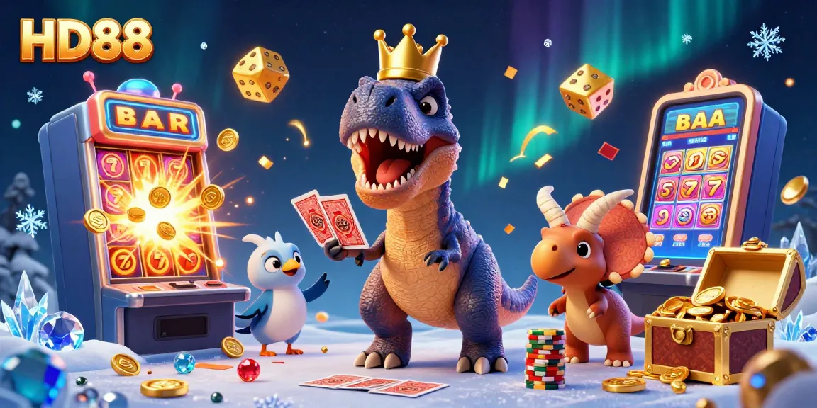 Experience the excitement at HD88, featuring a cartoon T-Rex shuffling cards around slot machines with jackpots.