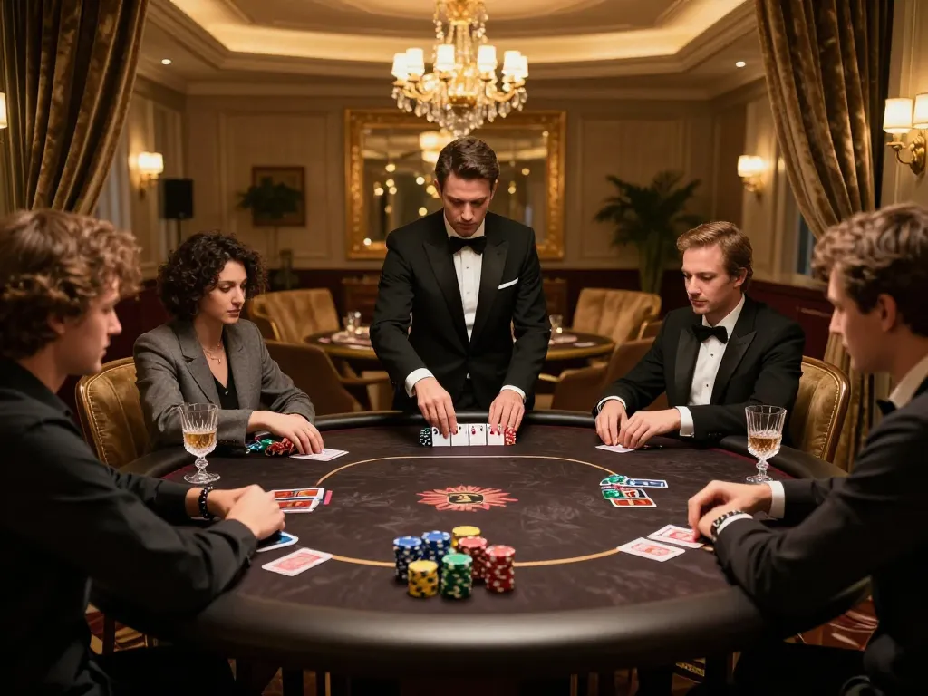 Players strategize in an upscale poker game at XX88, showcasing chips and cards in a VIP room.