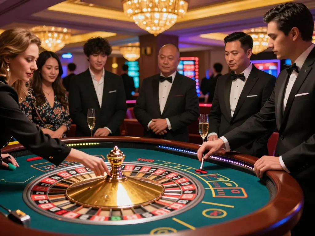 Bangsawan88 daftar highlighting players engaged in a thrilling roulette game at a luxurious casino.