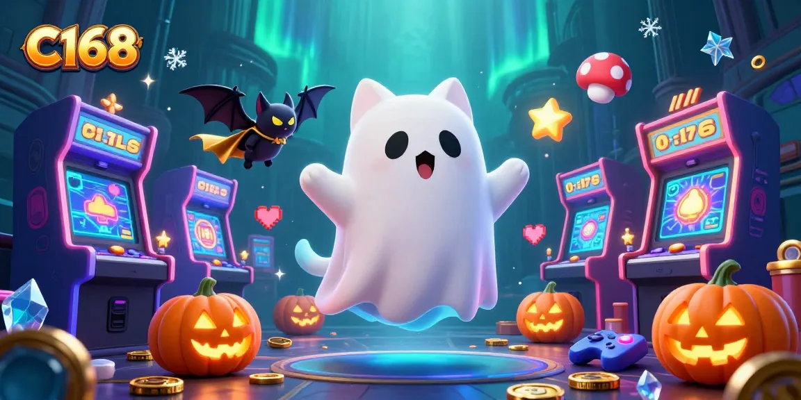 Experience thrilling gameplay at C168 with a ghost cat and bat in a haunted casino.