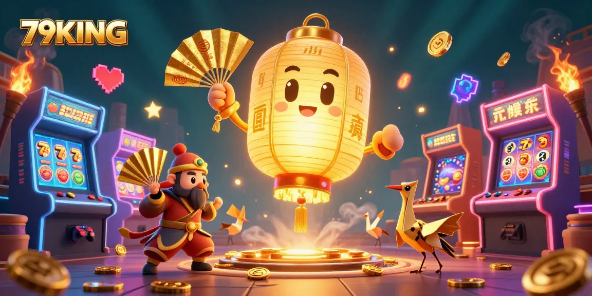 Engage with the vibrant 79KING gaming world, featuring slot elements and a colorful casino scene.