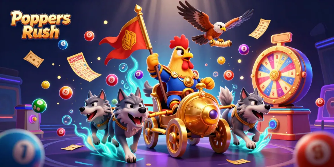 Poppers Rush showcases an exhilarating scene of a cartoon rooster warlord surrounded by dynamic gambling elements.