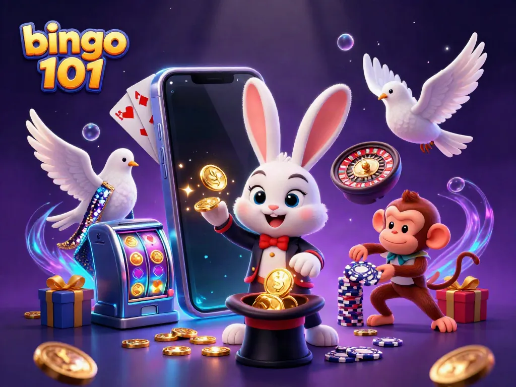 Experience thrilling bingo 101 winning moments with our vibrant 3D illustration of lively gaming elements.