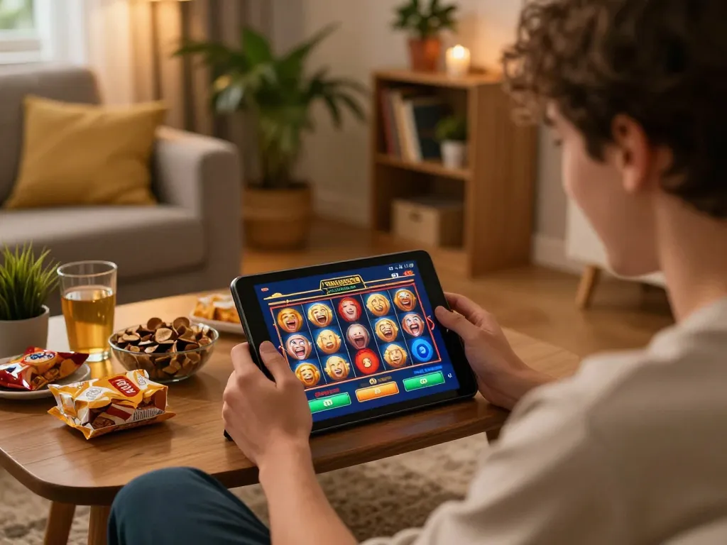 Player celebrating a win while playing a Pragmatic Slot game on a tablet in a cozy home setting