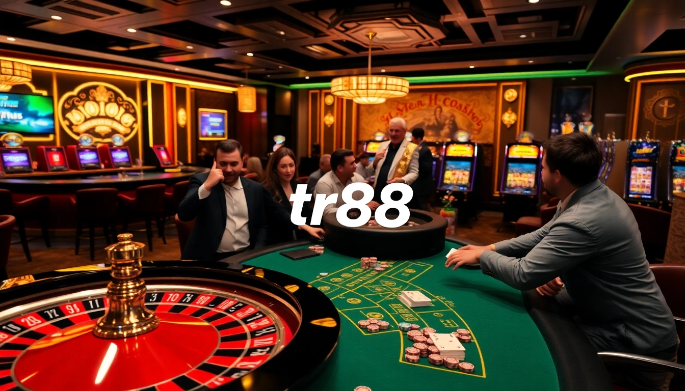 Players experiencing excitement at the casino with visible tr88 link on screens and vibrant gaming atmosphere.