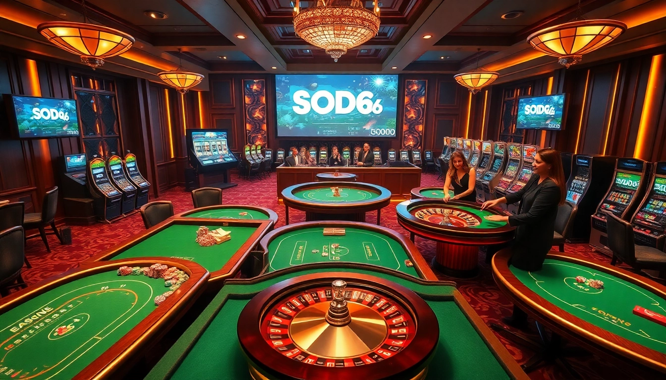 SODO66 gaming experience with vibrant casino tables, roulette wheel, and cheering players
