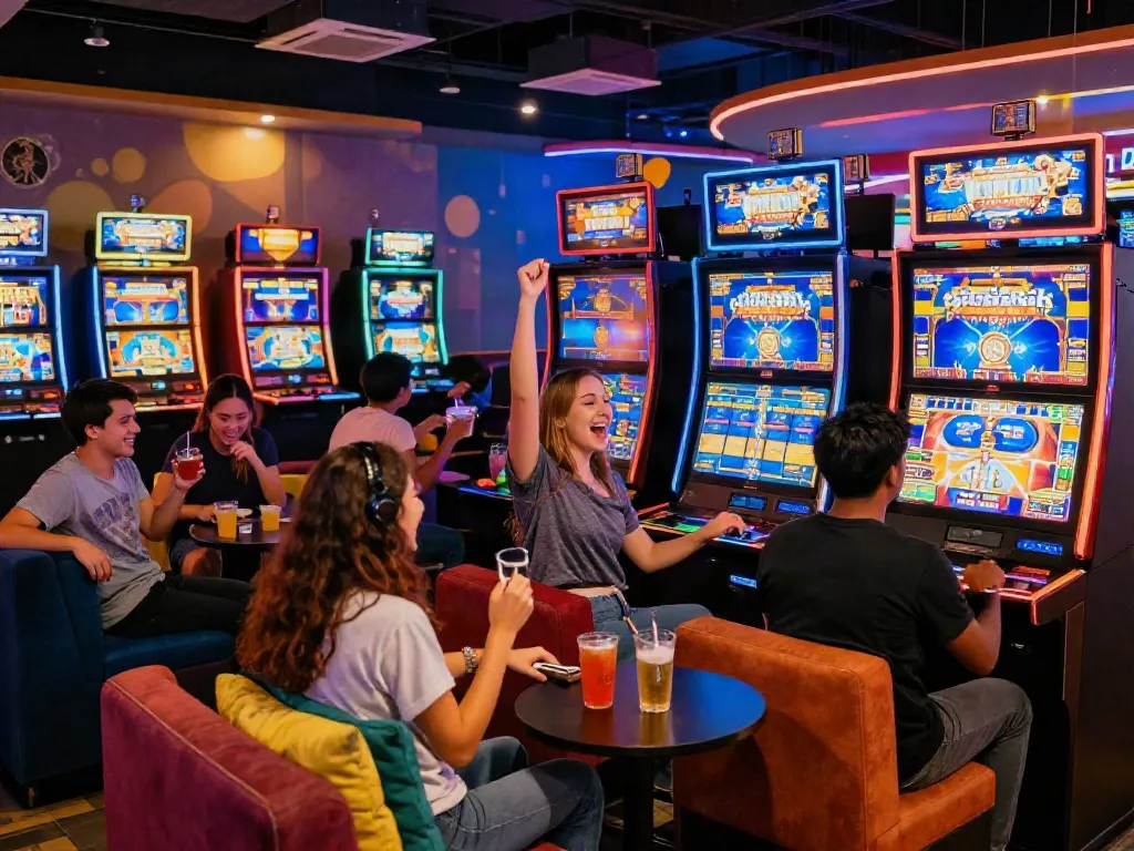 Exciting gaming lounge with friends enjoying ทดลองสล็อต on vibrant slot machines.