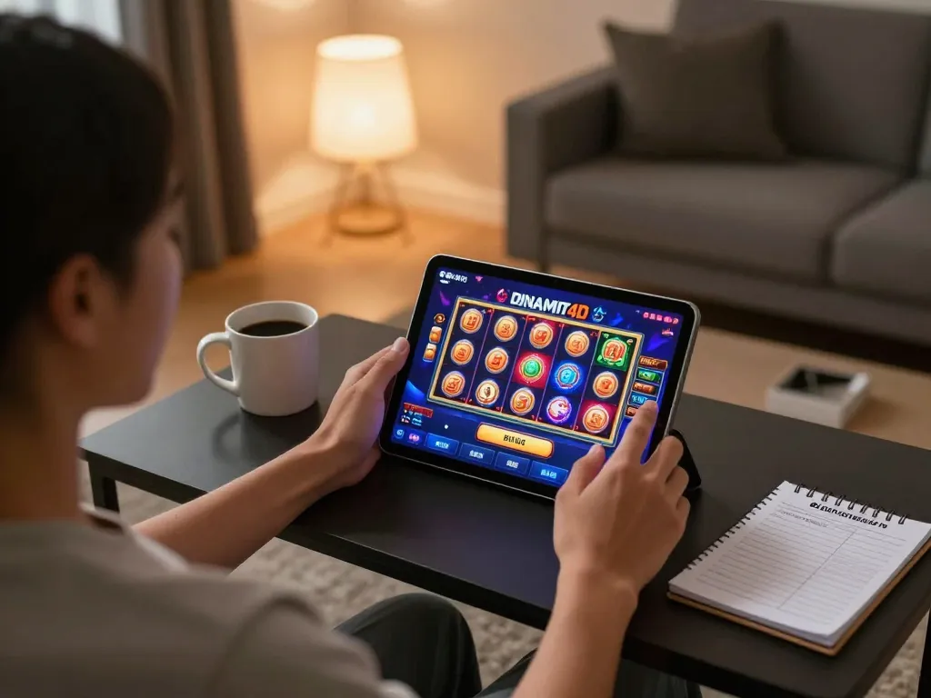 Engaging with dinamit4d online slot game on tablet in cozy home setting