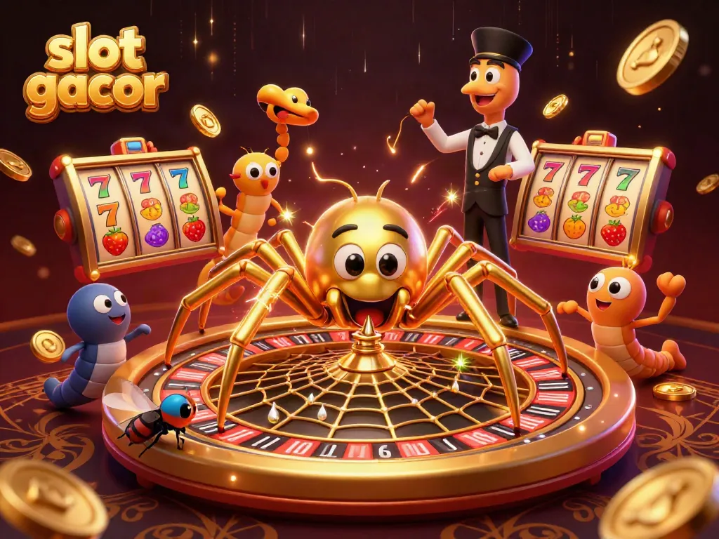 Visual representation of slot gacor featuring a golden spider and fly in an animated casino scene.