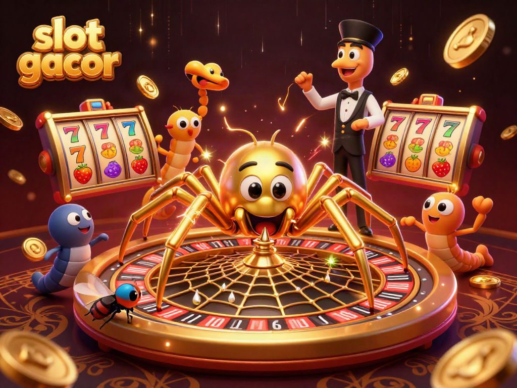 Visual representation of slot gacor featuring a golden spider and fly in an animated casino scene.
