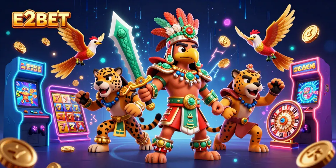 Experience E2BET excitement with vibrant slot reels and a legendary Aztec scene.