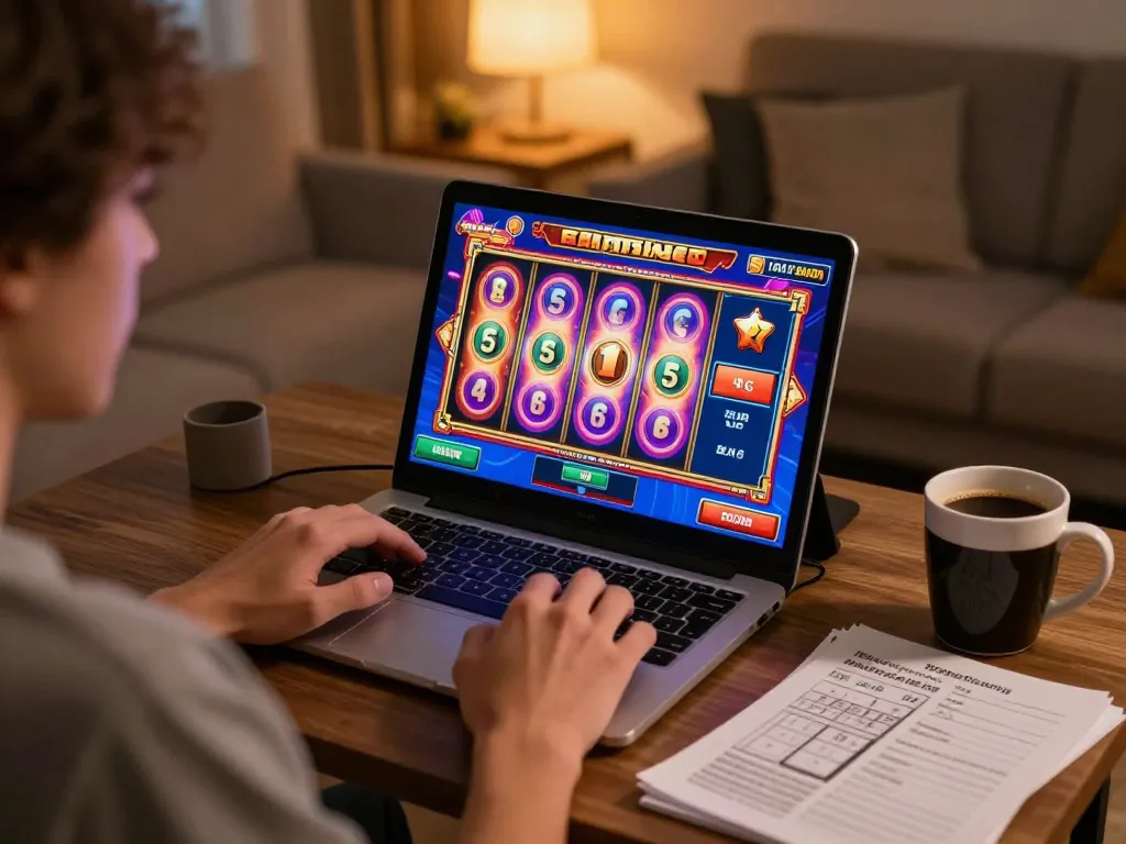 Engaging in online slots at home, showcasing bandar situs slot gacor excitement with vibrant graphics