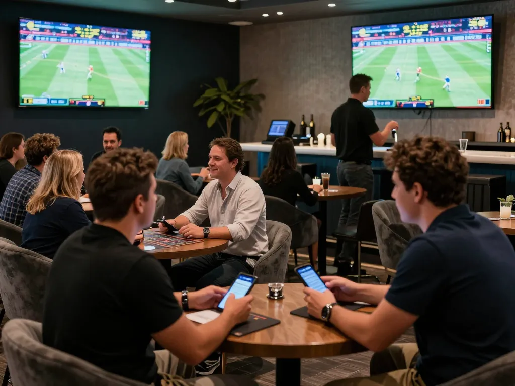 Patrons engaging in sports betting at F168 lounge, excited atmosphere with multiple screens.