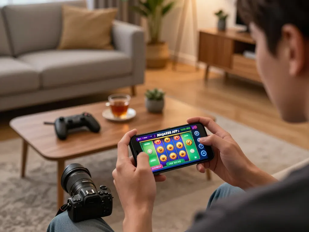 Mega888 APK displayed on smartphone during mobile gaming session in cozy home