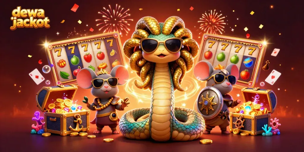 Slot jackpot dewa jackpot memberikan visual bersinar dengan karakter unik dan simbol permainan di sekelilingnya.