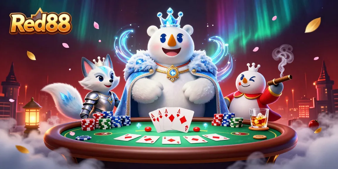 Red88 showcases a polar bear and snow fox in a dynamic poker scene filled with colorful gaming elements.