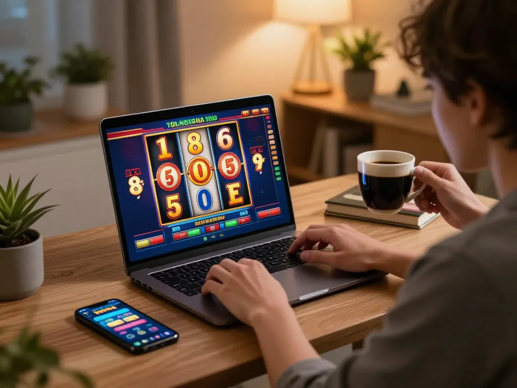 Person enjoying online slots at home on LIGALGO, showcasing vibrant winning scenes on laptop.
