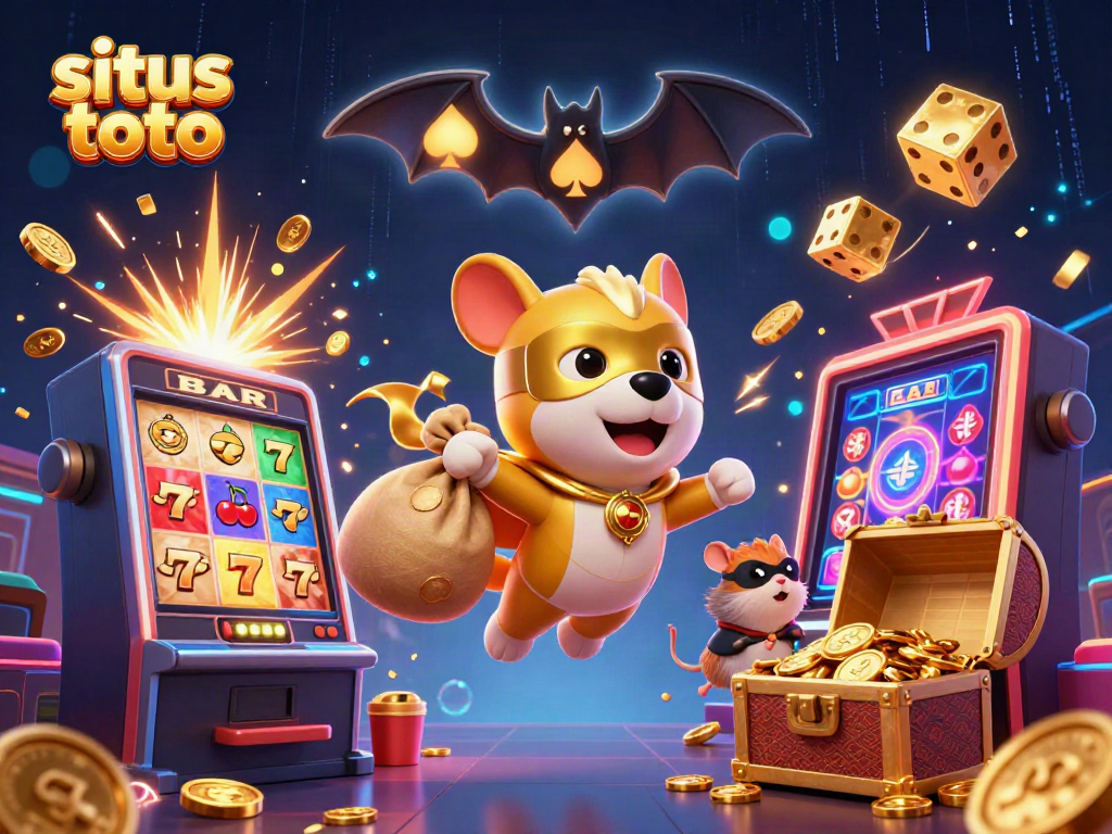 Experience situs toto excitement with a 3D superhero dog and hamster amidst a vibrant casino scene.