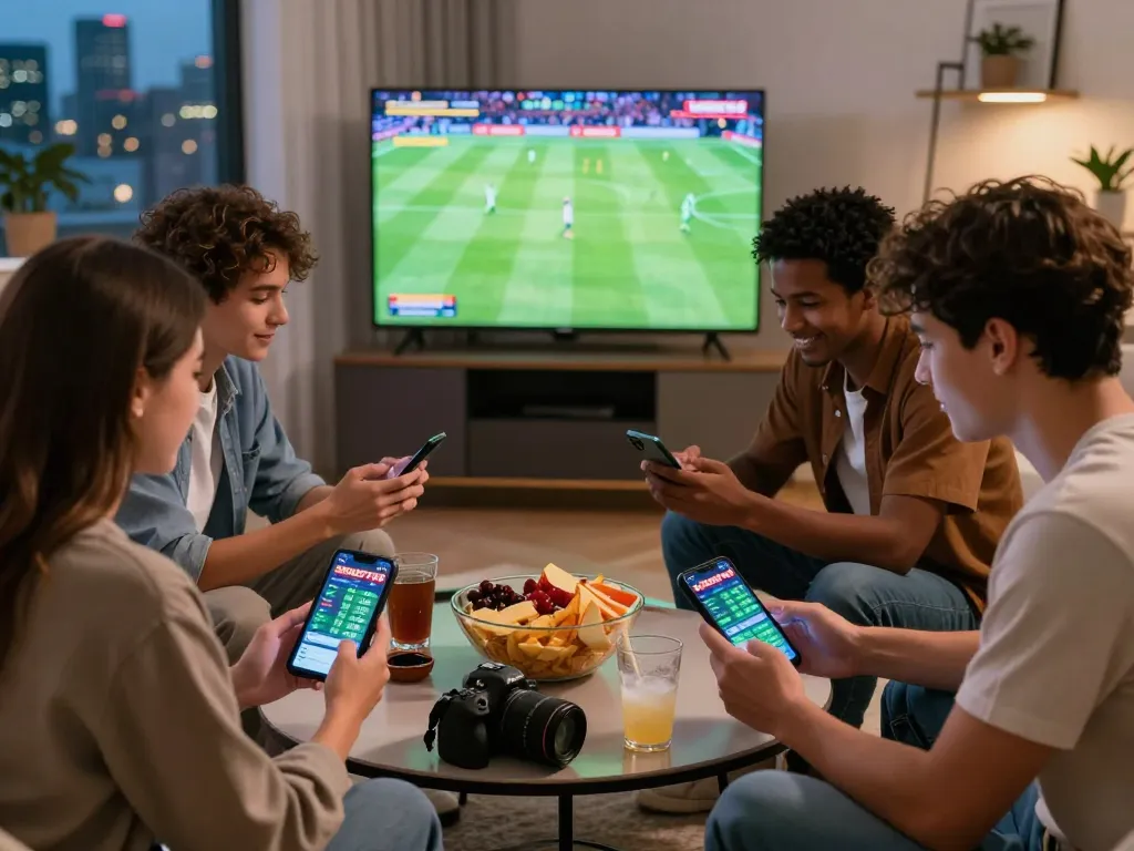 SBOBET88 gaming scene with friends excitedly placing bets while watching live soccer.