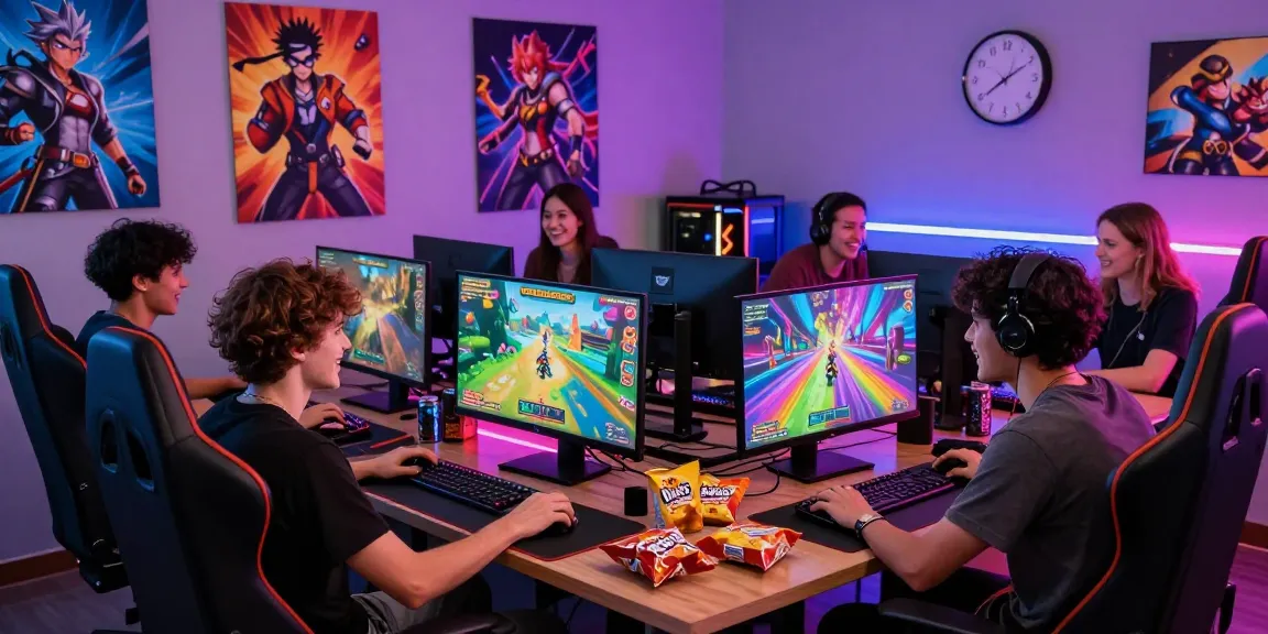 Group of friends playing a gay ecchi game on computers, immersed in colorful graphics and snacks.