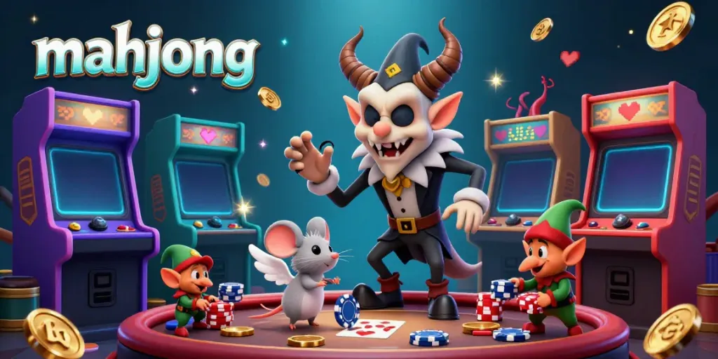 Permainan mahjong seru dengan Krampus di kasino, dikelilingi mesin permainan berwarna-warni.