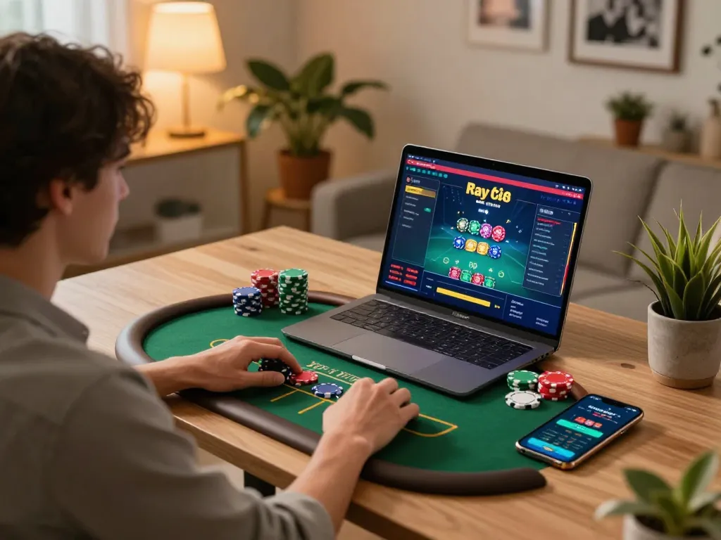 Player engaging in online gambling at say88 nhà cái, showcasing a dynamic poker game on laptop.