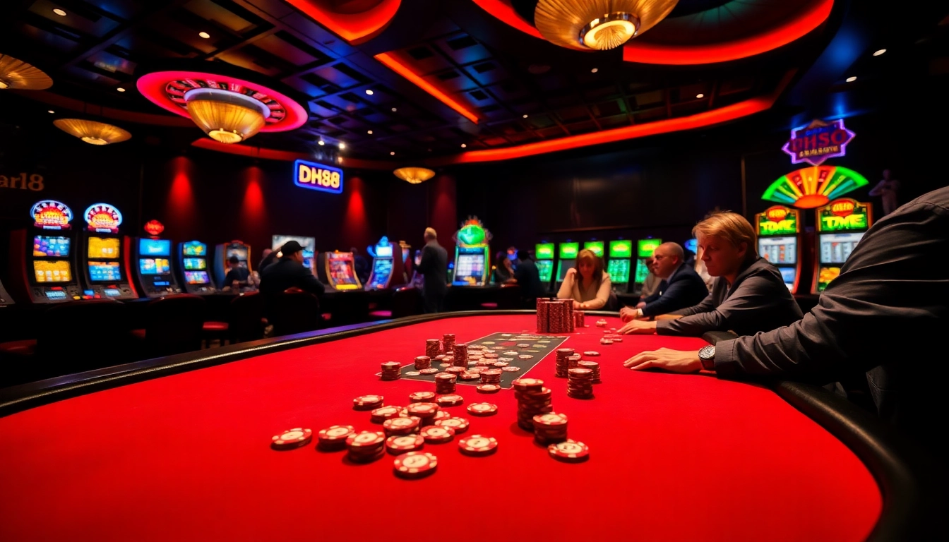 Engaged players enjoy poker at DH88, surrounded by roulette and bright slots.