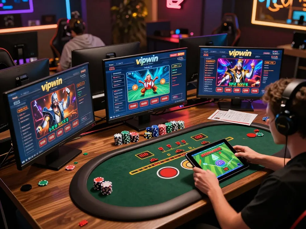 Player engaging in online vipwin gaming with multiple screens showing dynamic casino action.