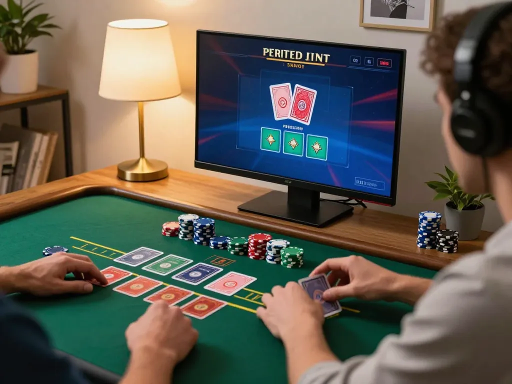 Engaging in online blackjack with SC88 gaming setup, showcasing strategy and excitement in a cozy home