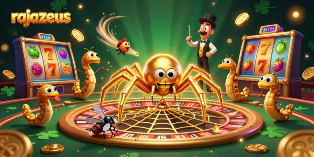 Slot RajaZeus memperlihatkan laba-laba emas berputar dan menjalankan permainan dengan real-time RTP yang menarik.